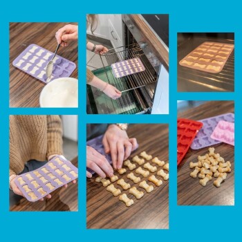 Collage aus sechs Bildern, die selbstgemachte Hundeleckerlis zeigen: Teig gießen, Formen in den Ofen stellen und Leckerlis auf einem Tisch anrichten.