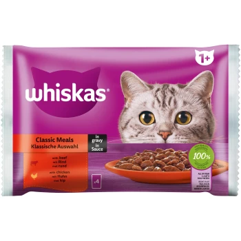 Adult 4x85g Klassische Auswahl Whiskas Classic Meals Katzenfutterverpackung mit einer Nahaufnahme des Gesichts einer Katze, mit Text, der Rind- und Hühnergeschmack in Soße hervorhebt.