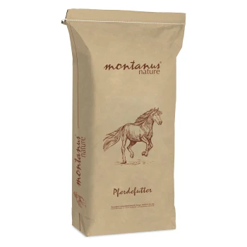 Braune Papiertüte mit Pferdefutter, beschriftet mit "montanus nature Pferdefutter" und einer Skizze eines laufenden Pferdes.