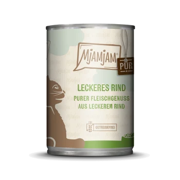 Dose mit Katzenfutter mit dem Etikett 'Mjamjam Leckeres Rind - Purer Fleischgenuss aus leckerem Rind,' mit einer Katzensilhouette.
