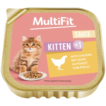 MultiFit Kitten‑Feuchtfutter‑Schale (Soße) mit Kätzchen und Schüsselabbildung, gekennzeichnet „KITTEN <1“ und „WITH CHICKEN“