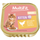 MultiFit Kitten‑Feuchtfutter‑Schale (Soße) mit Kätzchen und Schüsselabbildung, gekennzeichnet „KITTEN <1“ und „WITH CHICKEN“