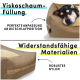 Ein Hund ruht auf einem bequemen Bett, das "Viskoschaum-Füllung" für Schlafanpassung und "Widerstandsfähige Materialien" für Langlebigkeit hervorhebt.
