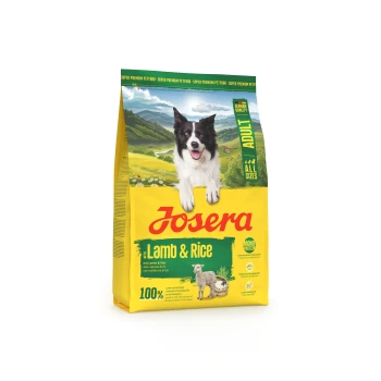 Josera Lamb & Rice Hundefutterbeutel für erwachsene Hunde mit einem Border Collie auf grünem und gelbem Hintergrund, beschriftet mit Deutscher Qualität.
