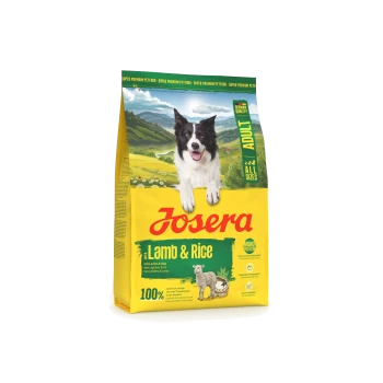 Josera Lamb & Rice Hundefutterbeutel für erwachsene Hunde mit einem Border Collie auf grünem und gelbem Hintergrund, beschriftet mit Deutscher Qualität.
