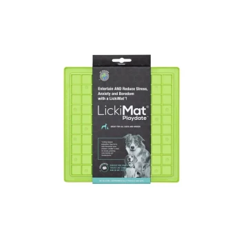 Green LickiMat Playdate for pets, featuring text about reducing stress and boredom, suitable for all sizes and breeds.
