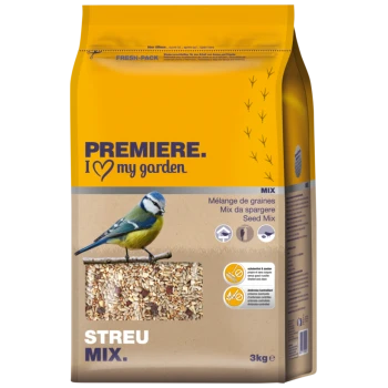 Un sac de 3 kg de mélange de graines pour oiseaux étiqueté "Premiere. I love my garden" présentant une mésange bleue à l'avant, avec des ingrédients visibles et des indicateurs de fraîcheur.