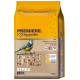Eine 3-kg-Tüte Vogelfuttermischung beschriftet mit "Premiere. Ich liebe meinen Garten" mit einer Blaumeise auf der Vorderseite, mit sichtbaren Zutaten und Frischeindikatoren.