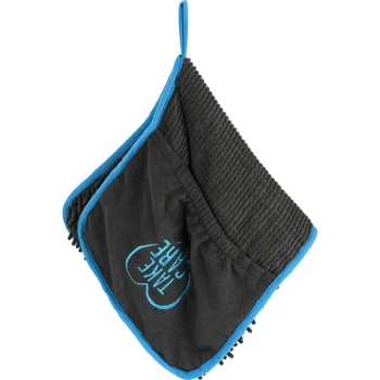 A black pet drying towel with a blue trim, featuring the text "TAKE CARE" in a heart shape, designed for drying pets.