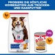 Hill's Science Plan Mature Adult 7+ Trockenfuttersack und 'Healthy Recipe with Chicken' Nassfutterdose, mit deutscher Überschrift.