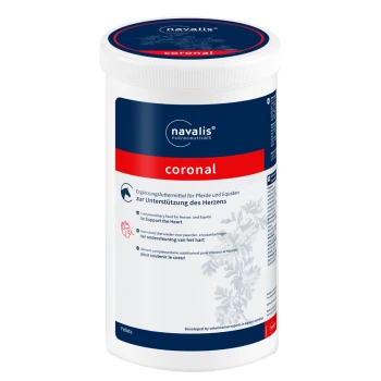 Behälter mit navalis coronal, einem Herzunterstützungsergänzungsmittel für Pferde und Equiden, mit mehrsprachigem Text und floralem Design.