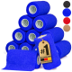 Ein Stapel blauer selbstklebender Verbände mit einem Etikett, das "#1 DEUTSCHLANDS PREMIUM QUALITÄT" liest, neben Rollen in Schwarz, Rot und Braun.