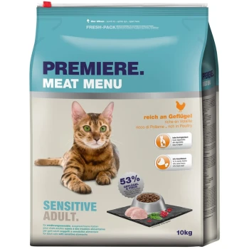 Eine Katzenfuttertüte mit der Aufschrift "Premiere Meat Menu", die eine Bengal-Katze zeigt, mit den Angaben "Sensitive Adult" und "reich an Geflügel", mit 53% Geflügel- und Fischgehalt.