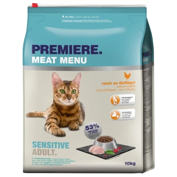 Un sac de nourriture pour chats étiqueté "Premiere Meat Menu" présentant un chat Bengal, indiquant "Sensitive Adult" et "riche en volaille," avec 53% de contenu en volaille et poisson.