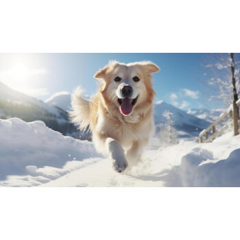 Golden Retriever läuft auf die Kamera zu in verschneiter Berglandschaft, Zunge heraus, helle Sonne.