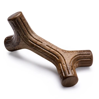 A brown, Y-shaped dog chew toy made of durable material, featuring grooves for grip and the brand name "Benebone" embossed on the side.