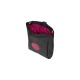 Eine kleine, schwarze Haustieraccessoire-Tasche mit einem rosa Innenraum und einem runden Logo-Patch auf der Vorderseite, entworfen zum Tragen von Haustierbedarf.