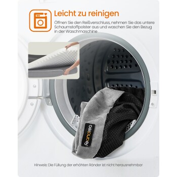Graues Feandrea-Haustierbett in einer Waschmaschine, sichtbarer Text 'Leicht zu reinigen' und Einsatz, der den herausnehmbaren Schaumstoffeinsatz zeigt.