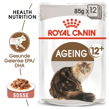Verpackung von Royal Canin Ageing 12+ Katzenfutter mit einer Illustration einer flauschigen Katze, mit Text, der die gesundheitlichen Vorteile der Ernährung und EPA/DHA hervorhebt.