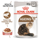 Verpackung von Royal Canin Ageing 12+ Katzenfutter mit einer Illustration einer flauschigen Katze, mit Text, der die gesundheitlichen Vorteile der Ernährung und EPA/DHA hervorhebt.