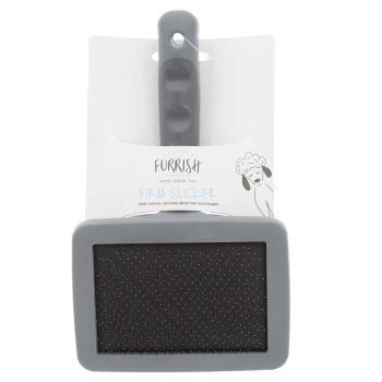 Gray Furrish 'Firm Slicker' pet brush with black pin pad; packaging text "FURRISH" and "GOOD. CLEAN. FUN."