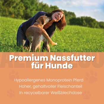 Eine Dose "Pferdeschmaus" hypoallergenes Hundefutter mit Pferdefleisch, Pastinake, Cranberry; getreidefrei, ohne Zucker, 100% Pferdefleisch.