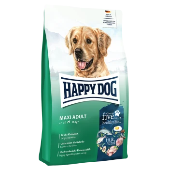 Hundefutterbeutel mit der Aufschrift "Happy Dog Maxi Adult", mit einem Golden Retriever, und Text, der große Kroketten und Gelenkunterstützung hervorhebt.
