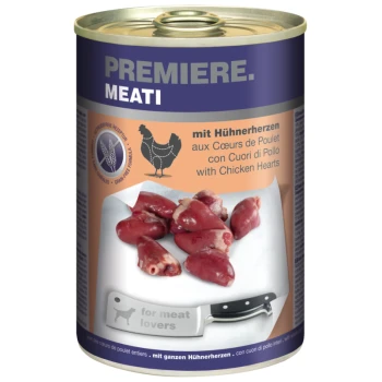 Meati Hühnerherzen 6x400 g Dosenfutter für Haustiere mit der Aufschrift "Premiere. Meati", das Hühnerherzen enthält, mit einem Messer und dem Text "für Fleischliebhaber" auf einem Schneidebrett.