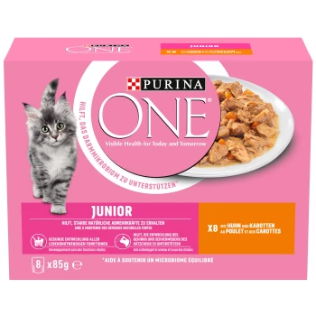 Junior Huhn 8x85g Verpackung von Purina ONE Junior Katzenfutter mit einem grauen Kätzchen und einer Schüssel mit Hähnchen und Karotten. Der Text hebt sichtbare Gesundheitsvorteile hervor.