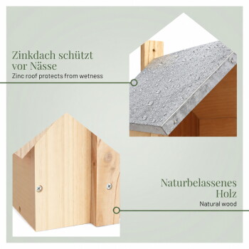Holzhaustierhaus beschriftet mit "Wetterfestes Material" und "Naturbelassenes Holz."