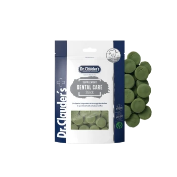 Dr. Clauder's Dental Care Ergänzungs-Snack für Haustiere, grüne runde Leckerlis in weiß-blauem wiederverschließbarem Beutel.
