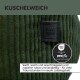 Orthopädisches Hundebett mit Memory Foam-Technologie, in grünen und blauen Farben, Hund sitzt auf der Matratze. Text: "Orthopädische Unterstützung".
