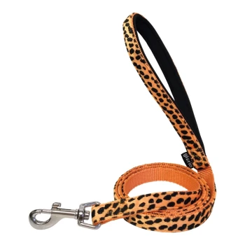 Hundeleine im Leopardenmuster mit gepolstertem Griff und einem Metallclip zur Befestigung, mit einem lebhaften orange-schwarzen Design.