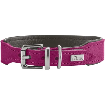 Rosa Wildlederhalsband mit silberner Schnalle, D-Ring, dunkler Innenpolsterung und 'HUNTER' Logoanhänger.