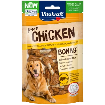 Verpackung von Vitakraft reinen Hühner-Hundeleckerlis mit 'NEU'-Label, recycelbarer Verpackung und dem Text '100% mageres Huhn.'