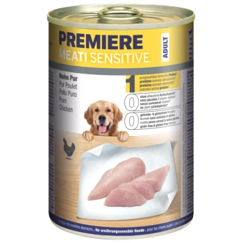 Canned dog food "Premiere Meati Sensitive" with pure chicken, featuring a dog illustration and labels for grain-free and gluten-free.