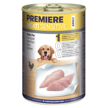 Dosen-Hundefutter "Premiere Meati Sensitive" mit reinem Huhn, mit einer Hundillustration und Etiketten für getreidefrei und glutenfrei.