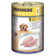 Nourriture pour chiens en conserve "Premiere Meati Sensitive" avec du poulet pur, présentant une illustration de chien et des étiquettes sans céréales et sans gluten.