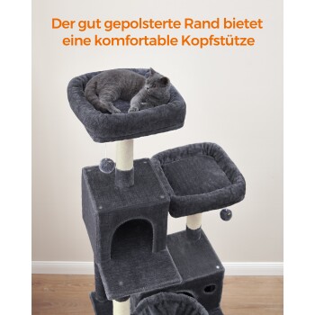 Eine graue Katze entspannt sich auf einem plüschigen, abnehmbaren Bett mit Text über waschbare Bezüge und einfache Abnahmeanweisungen.