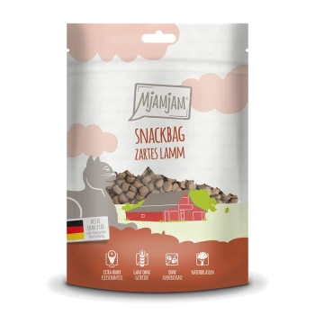 Opakowanie karmy dla zwierząt Mjamjam Snackbag Zartes Lamm z sylwetką kota, niemieckim znakiem jakości, wysoką zawartością mięsa, bez zbóż, bez dodatku cukru.