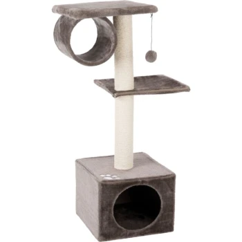 Grauer Katzenbaum mit zwei Plattformen, einem Kratzbaum, einem Tunnel und einem hängenden Spielzeugball, entworfen für das Spielen und Ausruhen von Katzen.