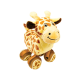 Gelbes Plüsch-Giraffenspielzeug für Haustiere mit braunen Flecken, lächelndem Gesicht und runden, räderähnlichen Füßen.