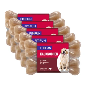 Fit+Fun Kauknocken Hundekauknöchel, mit einem Golden Retriever auf der Verpackung, mit dem Text "2 Stick | 2 Einheiten | 2 Stück."