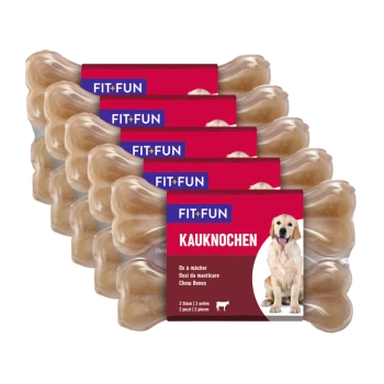 Fit+Fun Kauknocken Hundekauknöchel, mit einem Golden Retriever auf der Verpackung, mit dem Text "2 Stick | 2 Einheiten | 2 Stück."