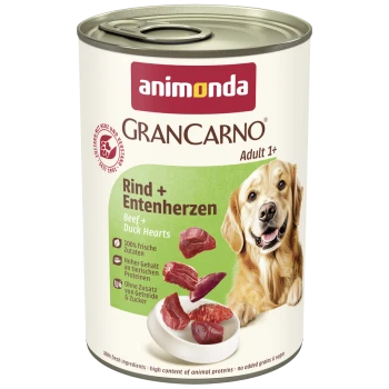 Dose Animonda GranCarno Adult 1+ Hundefutter mit Rind und Entenherzen, zeigt einen glücklichen Golden Retriever und Details zu den Hauptzutaten