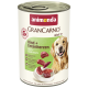 Dose Animonda GranCarno Adult 1+ Hundefutter mit Rind und Entenherzen, zeigt einen glücklichen Golden Retriever und Details zu den Hauptzutaten