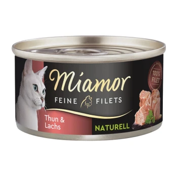 Nourriture pour chat en conserve de Miamor avec de fins filets de thon et de saumon, avec le visage d'un chat blanc sur l'étiquette et le texte "100% FILET".