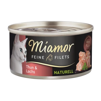 Dosenfutter für Katzen von Miamor mit feinen Filets von Thunfisch und Lachs, mit dem Gesicht einer weißen Katze auf dem Etikett und dem Text "100% FILET".