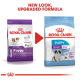 Royal Canin Puppy food packaging comparison, showing new design and upgraded formula for giant dogs, with text highlighting benefits.