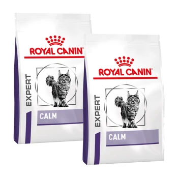 Expert Calm 2x4 kg Zwei Beutel Royal Canin Expert Calm Katzenfutter, mit einer grauen Katze auf der Vorderseite, mit den Worten "EXPERT" und "CALM" deutlich sichtbar.